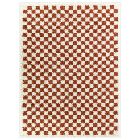 Décoweb – Tapis shaggy damier rouge terracotta 160 x 230 cm – Longs poils 30 mm – 100% polypropylène – Densité 37200 points/m² (1/4)