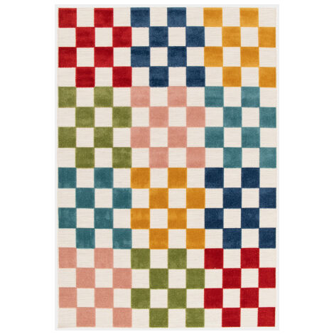 Décoweb – Tapis extérieur damier multicolore 160 x 230 cm – 100% polypropylène – Protection UV – Entretien facile – Usage intérieur/extérieur