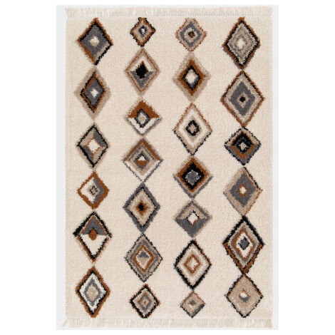 Tapis motif berbère à franges - Héritage du désert - Gris, camel - 120 x 170 cm