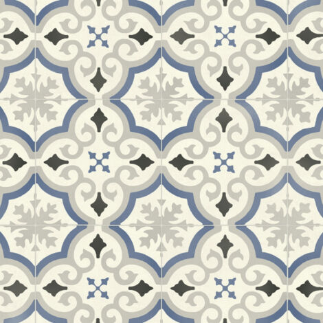 Sol PVC Textile motif carreaux de ciment Bleu et gris - Rouleau de 4m x 5m