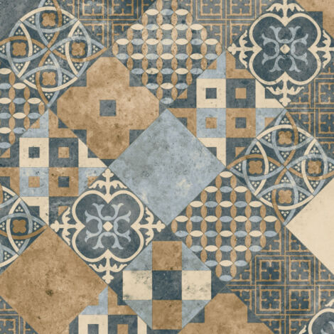 Sol PVC - Carreaux Art Déco - Marron et Bleu Gris - Rouleau de 4m x 4m