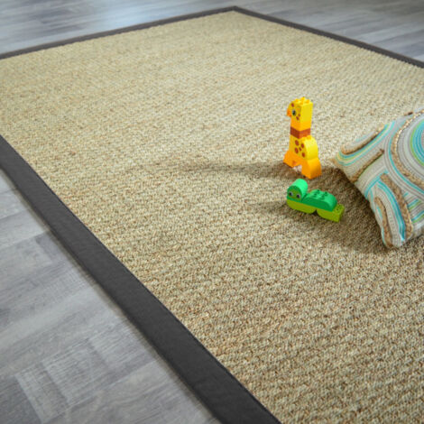Décoweb – Tapis jonc de mer 160 x 230 cm – Ganse coton anthracite – Résistant à l'usure et aux taches – Convient pour chambre et entrée