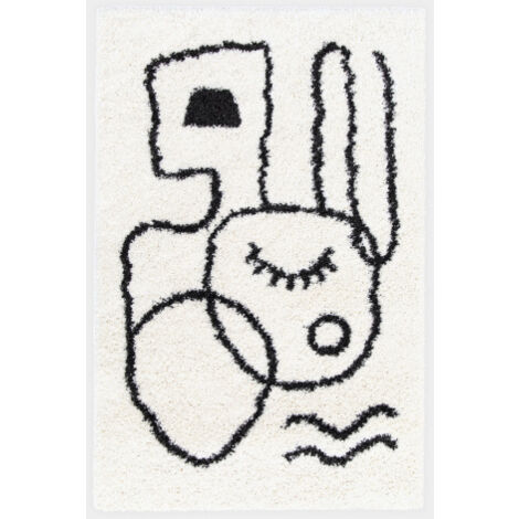 Tapis de salon à poils longs - Line art - Noir et blanc cassé - 200 x 290 cm (1/5)