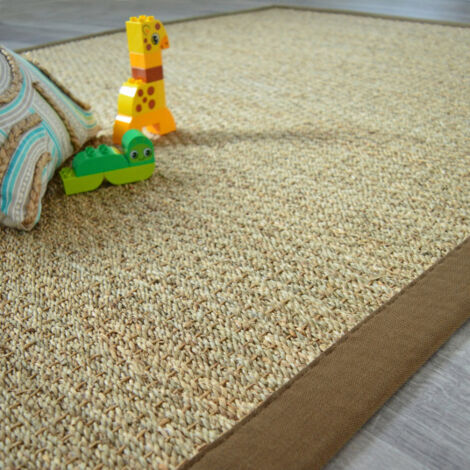 Décoweb – Tapis jonc de mer 120 x 170 cm – Ganse coton brun – Résistant aux taches – Convient pour chauffage par le sol – Nettoyage facile