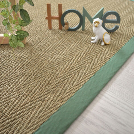 Tapis Jonc de mer - Bihar fin chevron - Ganse coton vert olive - 120 x 170 cm
