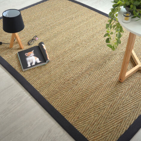 Tapis Jonc de mer - Assam chevron - Ganse coton noire - 200 x 200 cm