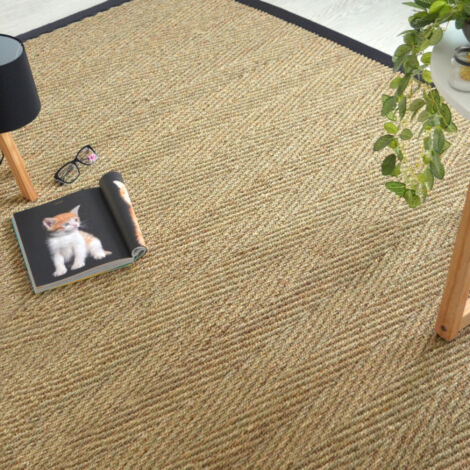 Tapis Jonc de mer - Assam chevron - Ganse coton noire - 200 x 200 cm