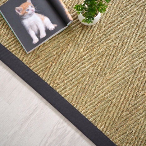 Tapis Jonc de mer - Assam chevron - Ganse coton noire - 200 x 200 cm