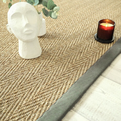 Décoweb – Tapis jonc de mer 200 x 200 cm – Tissé fin chevron – Ganse chenille vert mousse – Antistatique et compatible chauffage au sol