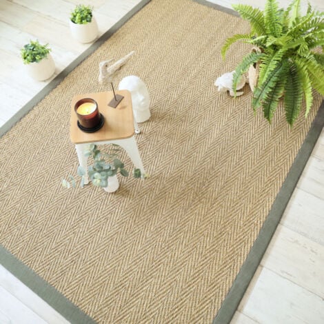 Tapis Jonc de mer - Bihar fin chevron - Ganse chenille vert mousse - 80 x 150 cm