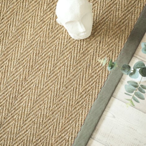 Tapis Jonc de mer - Bihar fin chevron - Ganse chenille vert mousse - 80 x 150 cm