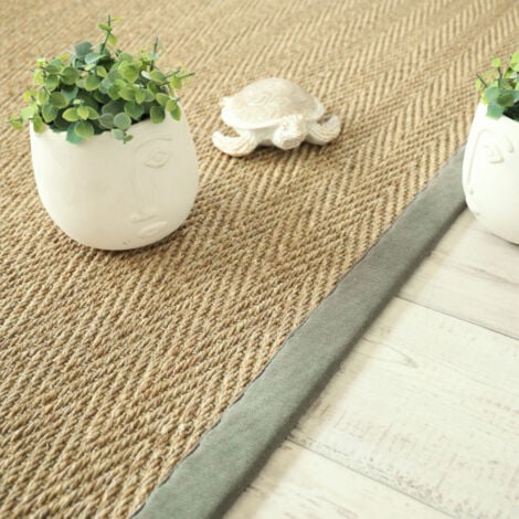 Tapis Jonc de mer - Bihar fin chevron - Ganse chenille vert mousse - 80 x 150 cm