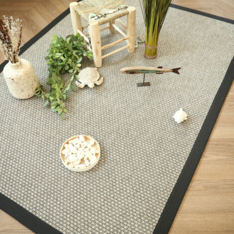 Tapis Natté - Sumatra Silver - Ganse coton noir - 200 x 200 cm