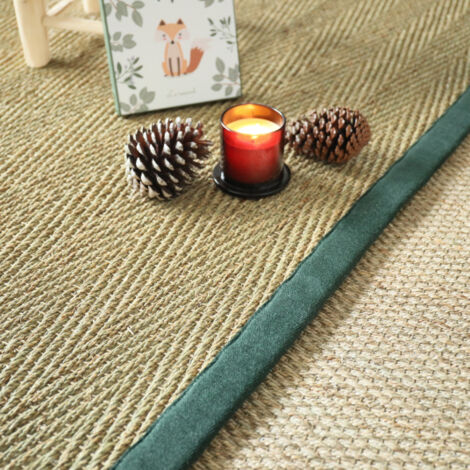 Tapis Jonc de mer - Assam chevron - Ganse lin vert sapin - 140 x 200 cm