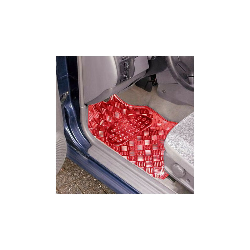 WOLTU Universal Auto Fußmatten 4-teilig Alu Chrom Optik Riffelblech Rot