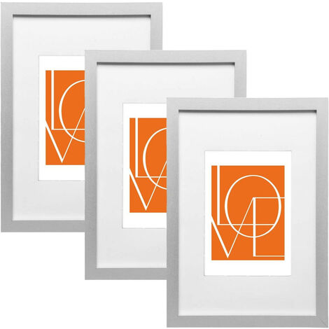 WOLTU 3er Set Bilderrahmen Fotorahmen Holzrahmen 21x29,7cm A4, Fotogalerie mit Papier-Passepartout, aus MDF Platte, Silber