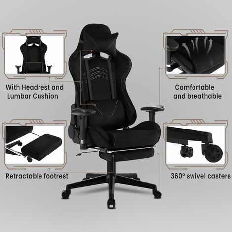 WOLTU Ergonomischer Gamer-Sessel, Gaming-Stuhl, Bürostuhl, Drehstuhl mit  Wippfunktion, verstellbare Kopfstütze, Samt, Schwarz