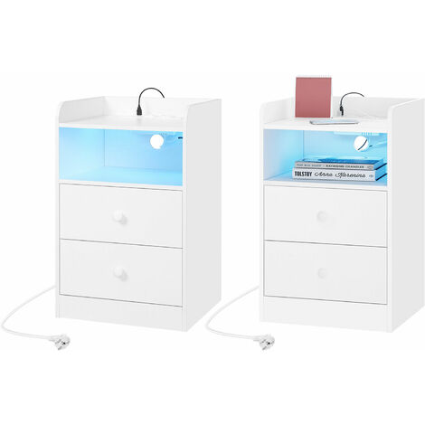 WOLTU 2er Nachttisch mit 2 Schubladen offenem Fach und LED-Licht Nachtkommode Hochglanz Beistelltisch mit 2 Steckdosen 2 USB Nachtschrank für Wohnzimmer Schlafzimmer 40x35x64cm, Weiß