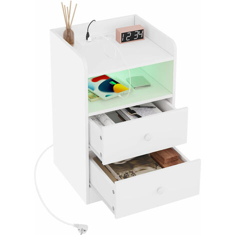 WOLTU 1x Nachttisch mit 2 Schubladen offenem Fach und LED-Licht Nachtkommode Hochglanz Beistelltisch mit 2 Steckdosen 2 USB Nachtschrank für Wohnzimmer Schlafzimmer 40x35x64cm, Weiß