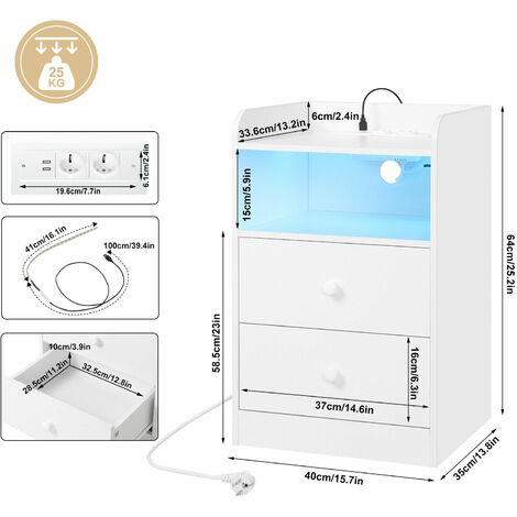 WOLTU 1x Nachttisch mit 2 Schubladen offenem Fach und LED-Licht Nachtkommode Hochglanz Beistelltisch mit 2 Steckdosen 2 USB Nachtschrank für Wohnzimmer Schlafzimmer 40x35x64cm, Weiß