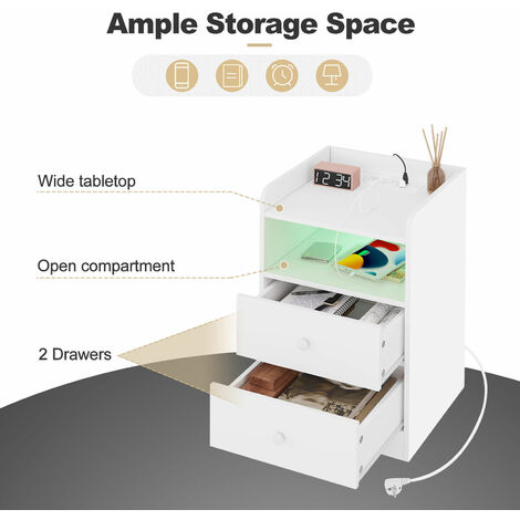 WOLTU 1x Nachttisch mit 2 Schubladen offenem Fach und LED-Licht Nachtkommode Hochglanz Beistelltisch mit 2 Steckdosen 2 USB Nachtschrank für Wohnzimmer Schlafzimmer 40x35x64cm, Weiß