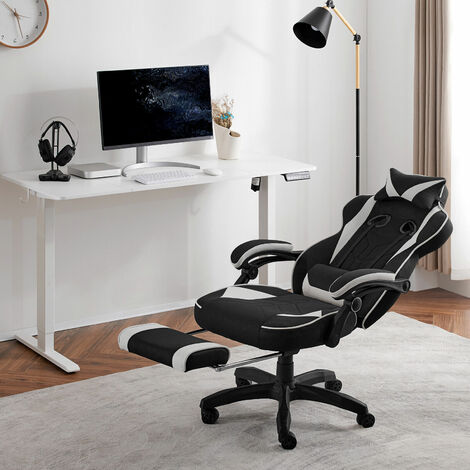WOLTU Ergonomischer Gaming Stuhl Bürostuhl mit Verstellbarer Lendenwirbelstütze, Kopfstütze Fußstütze, Racing Sessel Computerstühle höhenverstellbar drehbar, Neigungswinkel Leathaire-Stoff, Grau (1/5)