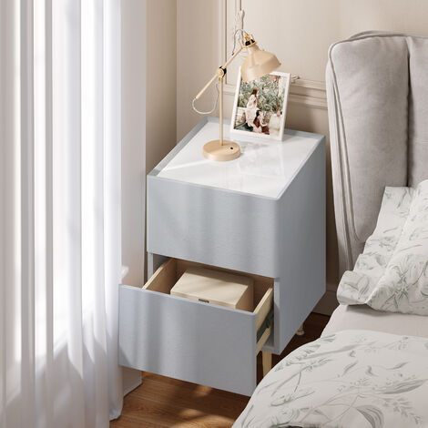 WOLTU 1x Nachttisch Beistelltisch mit 2 Schubladen Nachtschrank Hochglanz Telefontisch Nachtschrank Nachtkommode für Schlafzimmer, Holz PVC+Metall, 40x35x51 cm, Grau+Golden