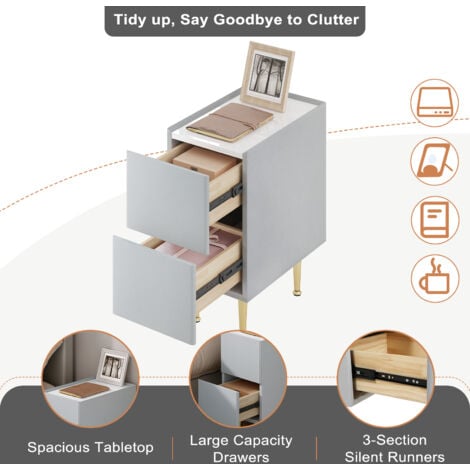 WOLTU 1x Nachttisch Beistelltisch mit 2 Schubladen Nachtschrank Hochglanz Telefontisch Nachtschrank Nachtkommode für Schlafzimmer, Holz PVC+Metall, 40x25x51 cm, Grau+Golden