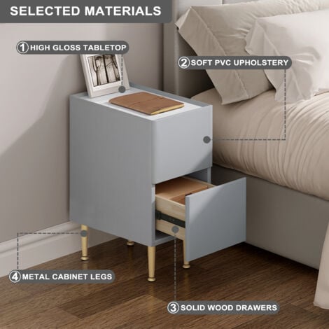 WOLTU 1x Nachttisch Beistelltisch mit 2 Schubladen Nachtschrank Hochglanz Telefontisch Nachtschrank Nachtkommode für Schlafzimmer, Holz PVC+Metall, 40x25x51 cm, Grau+Golden