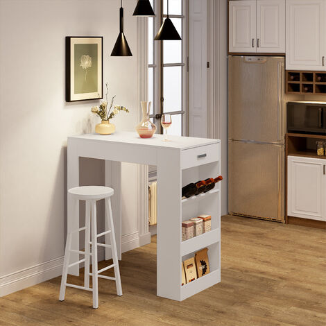 WOLTU Bartisch Bistrotisch Stehtisch mit 1 Schublade 3 Ablagen, Tresentisch Küchentisch mit Weinregal, für Wohnzimmer, Esszimmer und Küche, 100x50x100cm, Weiß