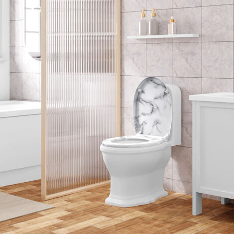 WOLTU Toilettendeckel Klodeckel WC Sitz mit Absenkautomatik, Toilettensitz mit Motiv, Klobrille Montage von oben, Toilettensitz mit Quick-Release-Funktion, 175kg belastbar, Weißes Marmormuster