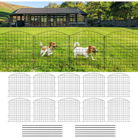 WOLTU Teichzaun Steckzaun, Gartenzäune Dekorative, 10 Zaunelemente 11 Befestigungsstäbe, Zaunelemente metall, Gitterzaun Oberbogen, Zaun für Hunde, Schwarz