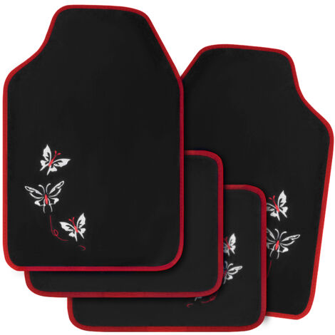 WOLTU 4-teilig Autofußmatten Set Universal, Fußmatten Auto Teppich mit Stickerei Butterfly, Wasserfest Antirutsch Abwaschbar Matte, Rot