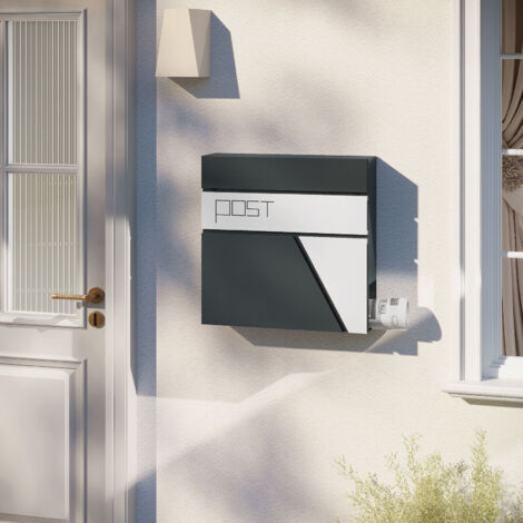 WOLTU Briefkasten, Postkasten mit Zeitungsfach, Briefkasten mit Schloss 2 Schlüsseln, abschließbarer Wandbriefkasten mit Klappdeckel, 37x37x10,5 cm, Anthrazit Weiß
