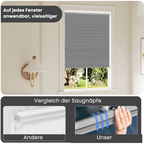WOLTU Plissee Klemmfix ohne Bohren Plisseerollo Montage Mit Vakuum-Saugnäpfen Fensterrollo Faltrollo innen lichtdurchlässig Sonnenschutz für gängige Fenster Dachfenster Balkontüren 70x120 cm, Grau
