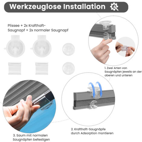 WOLTU Plissee Klemmfix ohne Bohren Plisseerollo Montage Mit Vakuum-Saugnäpfen Fensterrollo Faltrollo innen lichtdurchlässig Sonnenschutz für gängige Fenster Dachfenster Balkontüren 70x120 cm, Grau