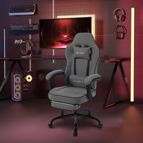 WOLTU Gaming Stuhl Ergonomischer, Bürostuhl mit Taschenfederkissen, Drehstuhl mit Kopfkissen, Lendenkissen, Fußstütze, Tech-Stoff, 150 kg Belastbarkeit, Grau