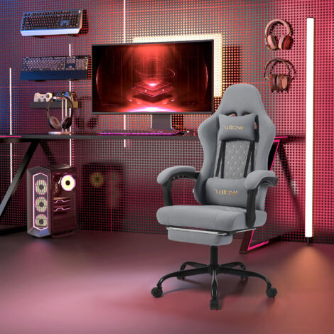WOLTU Gaming Stuhl, Atmungsaktiver Bürostuhl, Computerstuhl Ergonomischer, Drehstuhl mit Taschenfederkissen, mit Kopfkissen, Lendenkissen, Fußstütze, 150 kg Belastbarkeit, Netzstoff, Grau + Gelb