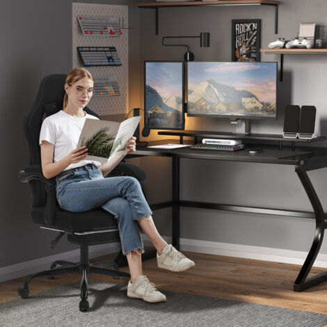 WOLTU Gaming Stuhl, Atmungsaktiver Bürostuhl, Computerstuhl Ergonomischer, Drehstuhl mit Taschenfederkissen, mit Kopfkissen, Lendenkissen, Fußstütze, 150 kg Belastbarkeit, Netzstoff, Schwarz + Weiß