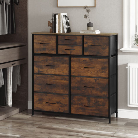 WOLTU Kommode, Aufbewahrungsschrank mit 10 Schubladen aus Stoff, Schubladenschrank Sideboard, für Wohnzimmer Schlafzimmer Flur, Metallrahmen, Vintagebraun Schwarz