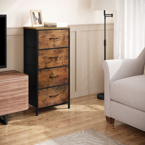 WOLTU Kommode, Aufbewahrungsschrank mit 4 Schubladen aus Stoff, Schubladenschrank Sideboard, für Wohnzimmer Schlafzimmer Flur, Metallrahmen, Vintagebraun Schwarz