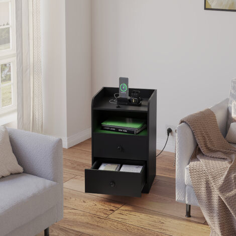 WOLTU 1x Nachttisch mit LED -Licht und Ladefunktion, Beistelltisch mit 2 Steckdosen 2 USB-Anschlüssen, Sofatisch Couchtisch mit Schubladen offenem Fach,  für Schlafzimmer, Wohnzimmer, Schwarz