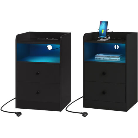 WOLTU Nachttisch 2er Set, Couchtisch mit LED -Licht und Ladefunktion, Beistelltisch mit 2 Steckdosen 2 USB-Anschlüssen, Sofatisch mit Schubladen offenem Fach, für Schlafzimmer, Wohnzimmer, Schwarz