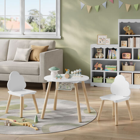 WOLTU 3tlg. Kindersitzgruppe, Kindertisch mit 2 stühlen, mit Stauraum Netztasche, Kinderstuhl mit Wolken-Rückenlehne, Kindermöbel für Kleinkinder Vorschüler, Weiß