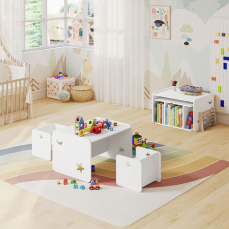 WOLTU Kindertisch mit 2 Stühlen, Kindersitzgruppe Kindersitzbank, Kinder Tisch Stuhl Set, Multifunktionelles Kindermöbel Tisch, für Zuhause Kindergarten, Weiß (1/5)