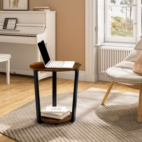 WOLTU Beistelltisch, Couchtisch rund, Nachttisch Sofatisch Telefontisch, Wohnzimmertisch mit 2 Ablagen Stauraum, für Wohnzimmer, aus Holzwerkstoff, Rustikales Braun