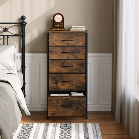 WOLTU Kommode mit 5 Schubladen, Schubladenschrank aus Stoff, Aufbewahrungsschrank Kommodenschrank, mit Metallgestell, für Schlafzimmer Wohnzimmer Flur, Vintage-Holzoptik Schwarz