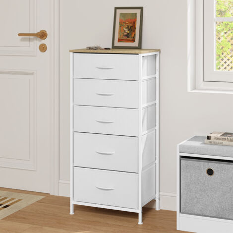 WOLTU Kommode mit 5 Schubladen, Schubladenschrank aus Stoff, Aufbewahrungsschrank Kommodenschrank, mit Metallgestell, für Schlafzimmer Wohnzimmer Flur, Weiß