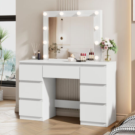 WOLTU Schminktisch mit LED-Beleuchtung, Kosmetiktisch mit übergroßem rechteckigem Spiegel, einstellbare Helligkeit, Schminktische Frisiertisch mit Schubladen, für Schlafzimmer, 110x140,5x39,5 cm, Weiß