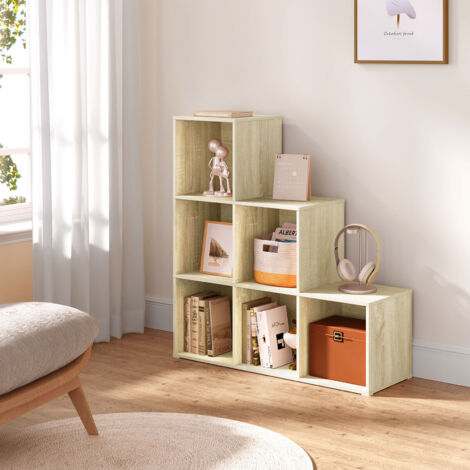 WOLTU Bücherregal, Standregal mit 6 Fächern, Würfelregal Treppenregal, für Wohnzimmer Schlafzimmer Kinderzimmer Büro, Holzewerkstoff, 90x90x30 cm, Hell Eiche